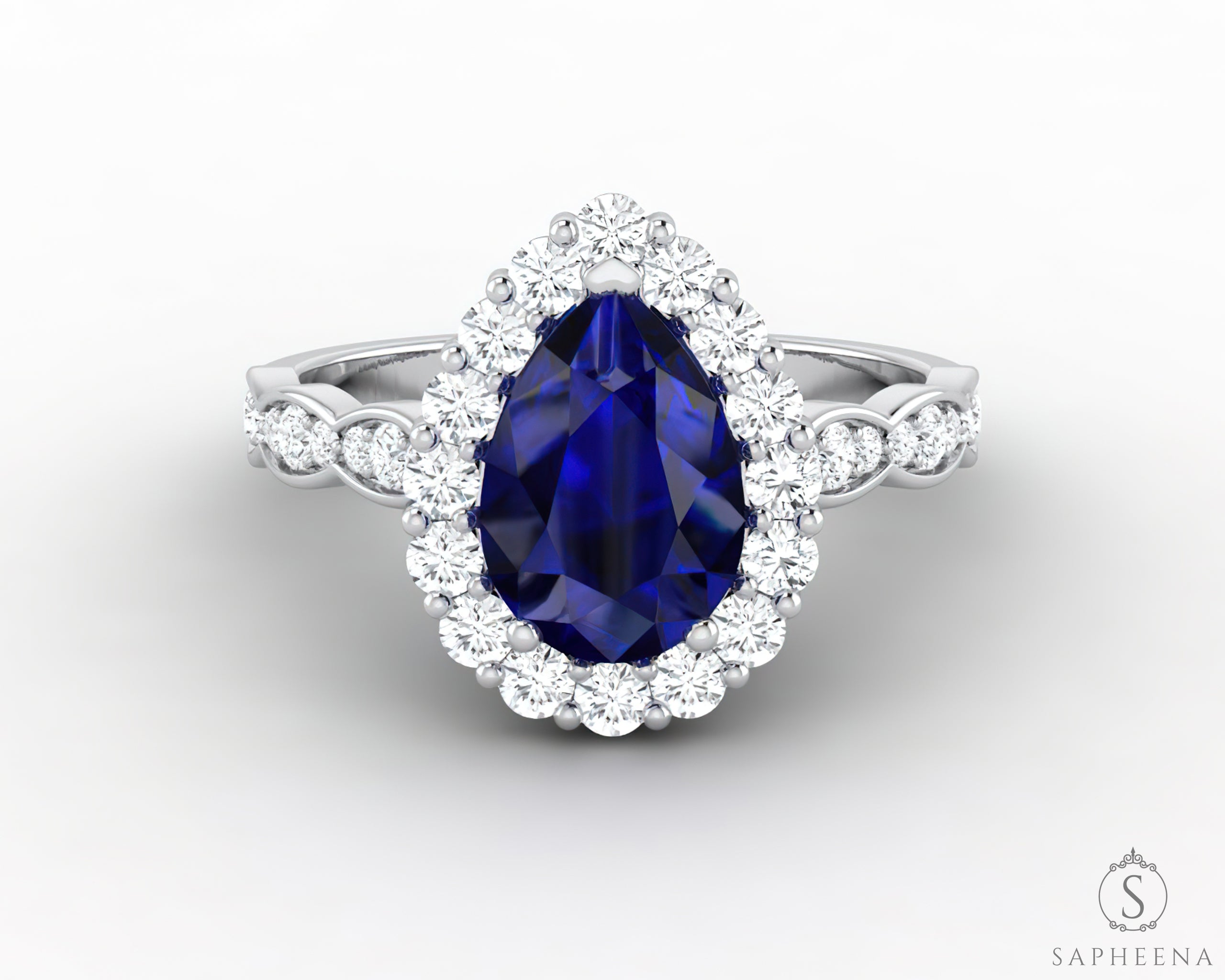 Noya 2.0 Ct Pear Cut Halo Blue Sapphire Engagement Ring with Side