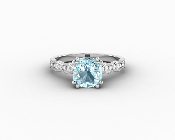 Celeste 1.5 Ct Solitaire Cushion Cut Natural Aquamarine Engagement Ring With Side Stones