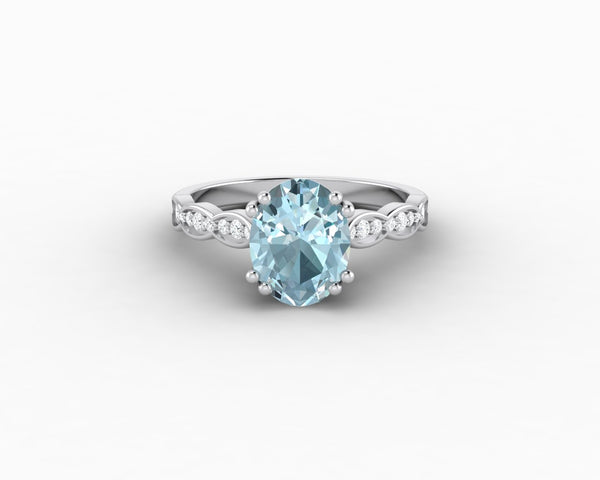 Celeste 1.75 Ct Solitaire Oval Cut Natural Aquamarine Engagement Ring With Side Stones