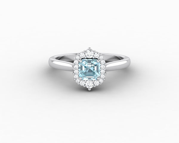 Juno 0.75 Ct Asscher Cut Halo Natural Aquamarine Engagement Ring