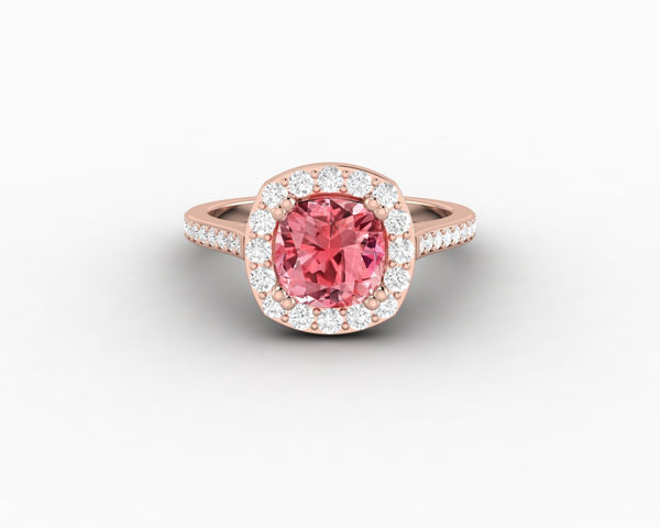 Aureola 2.0 Ct Cushion Cut Halo Chatham Champagne Peach Sapphire Engagement Ring with Side Stones