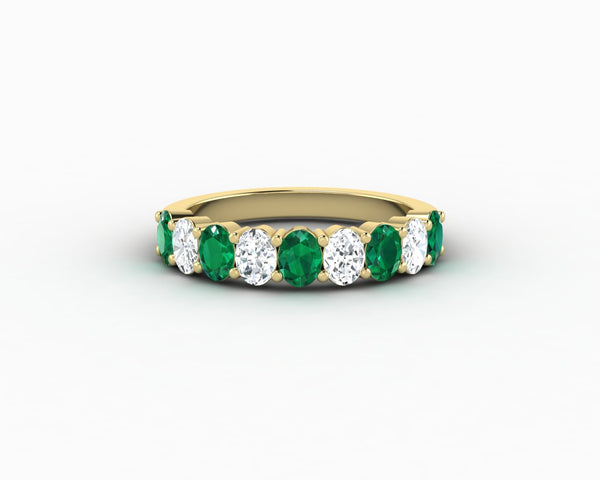 Ivy 1.5 Ct Oval Cut Moissanite and Green Emerald Half Eternity Wedding Band