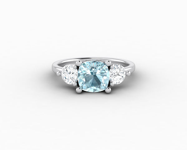 Orion Three Stone 1.5ct Cushion Cut Natural Aquamarine Engagement Ring