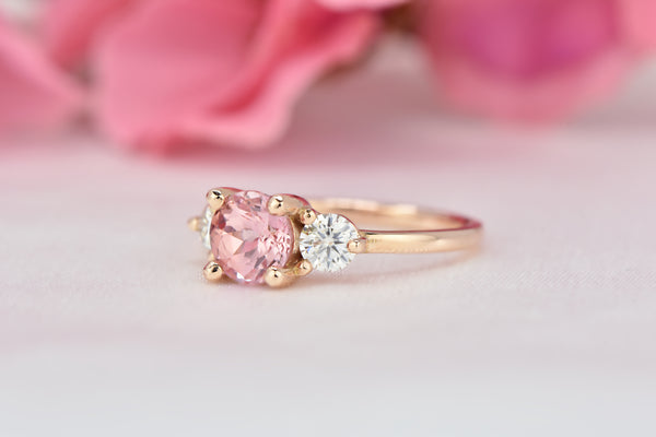 Orion Three Stone 1.5 Ct Round Cut Champagne Peach Sapphire Engagement Ring