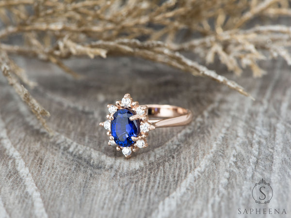 Bridget 1.5 Ct Oval Cut Halo Blue Sapphire Engagement Ring