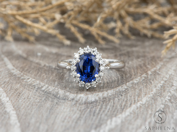 Maia 1.70 Ct Oval Cut Halo Blue Sapphire Engagement Ring