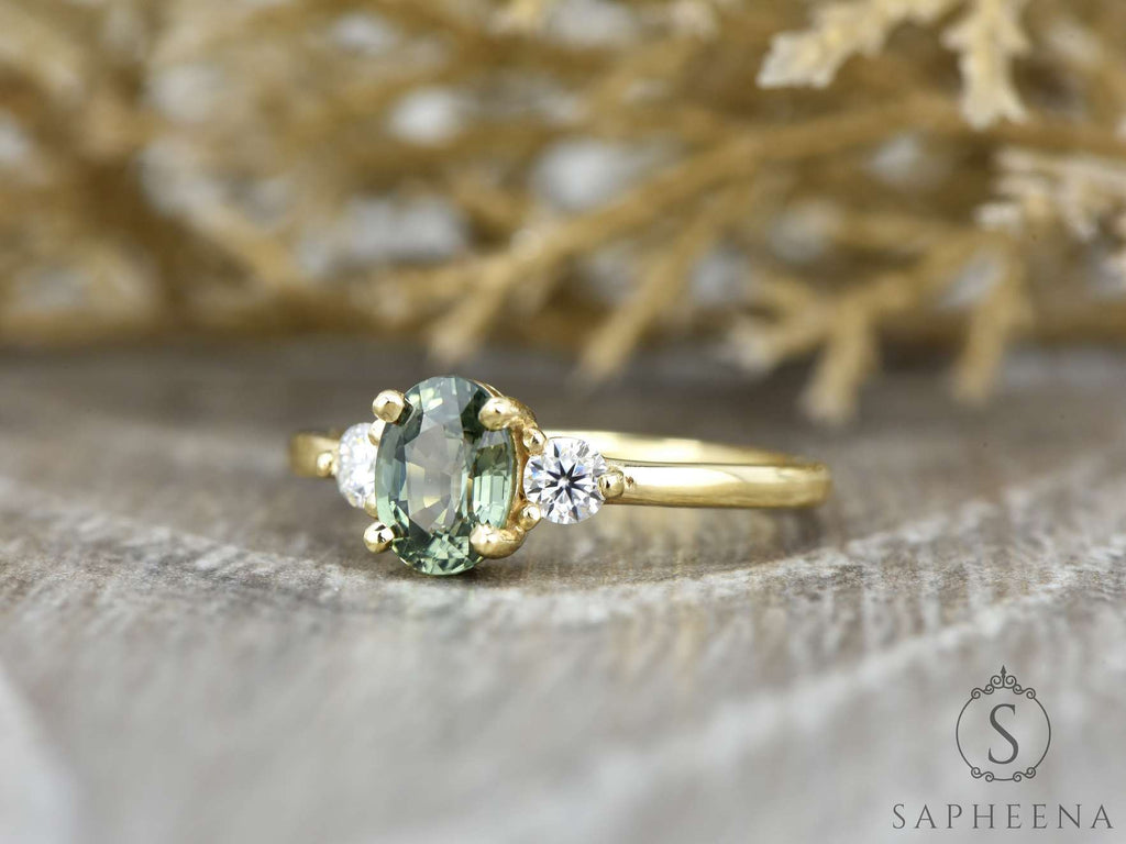 3 Stone Green Sapphire Diamond Ring side view