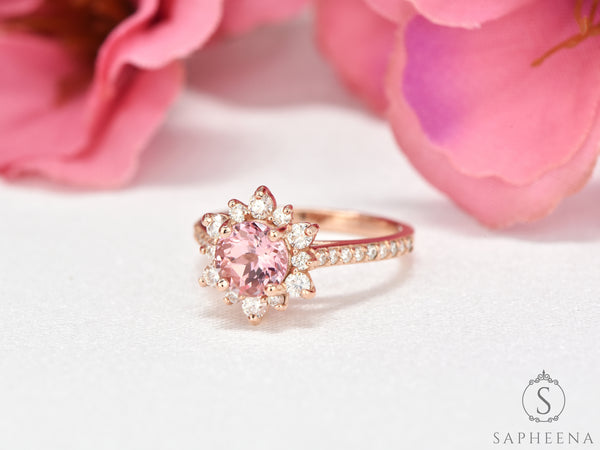 Nivis 1.5 Ct Round Cut Champagne Peach Sapphire Engagement Ring with Side Stones