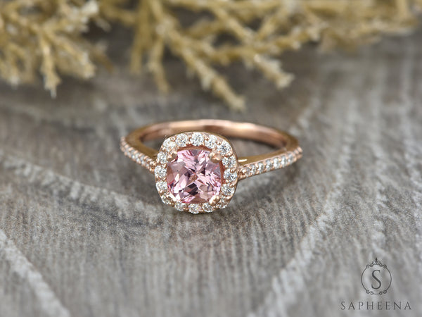 Peach sapphire hot sale halo ring